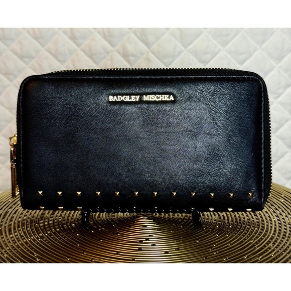 Badgley Mischka Handbags - Badgley Mischka Black Studded Zip Around Wallet Gold Hardware Logo Long Clutch‎